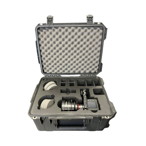 Red Komodo 6K Camera with side handle and 2 Rokinon Xeen lenses 50mm, 4 Red Volt batteries and 1 charger and an  accessory  compartment  w-2 loose  partitions. SKB 3I-2015-10BE