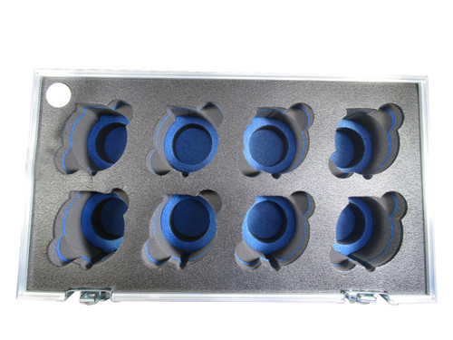 Innerspace Universal Vertical 8-Lens Case in black, with eight lens holes — representative photo of the same case, shown cut for a customer's lens set.