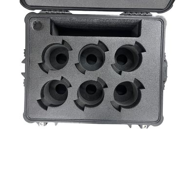 Foam insert in a molded case, cut for six lenses