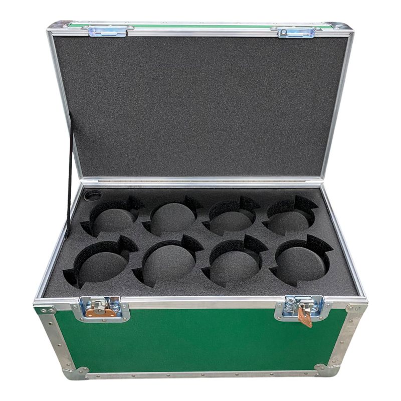 Green Innerspace ATA lens case open, with foam cut for eight lenses