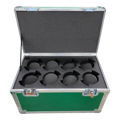 Green ATA lens case open, foam cut for eight lenses