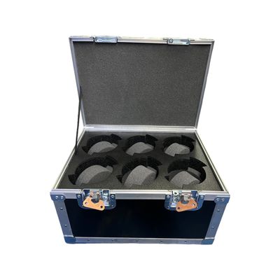 Navy ATA lens case open, foam cut for six lenses