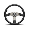 Momo - Race 350mm Round Black Leather Grip Shape Street Steering Wheels in Black Anodized Finish