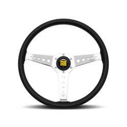 Momo - CALIFORNIA 360mm Round Black Leather Grip Shape Heritage Steering Wheels in Aluminum Finish