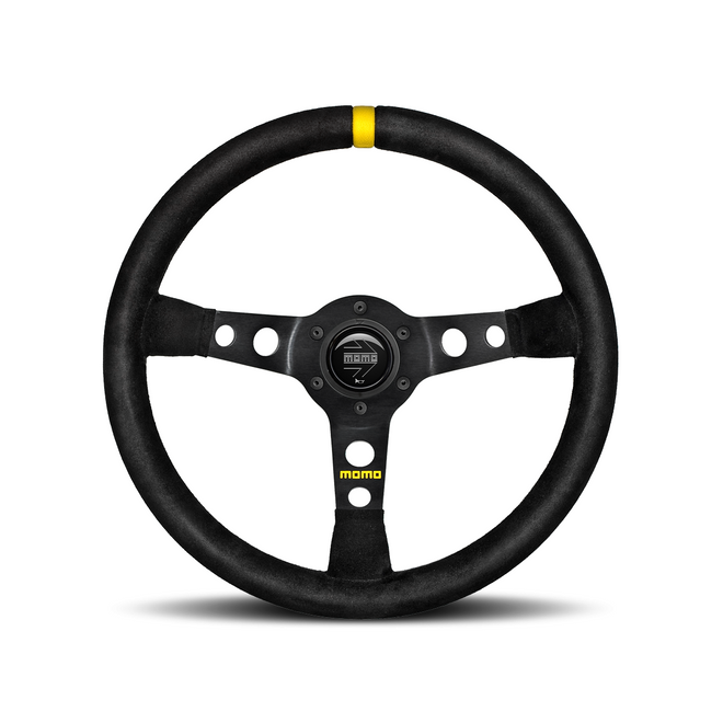 Momo - Mod. 07, 350mm Round Black Suede/Leather Grip Shape Racing Steering Wheel in Single Yellow Strip