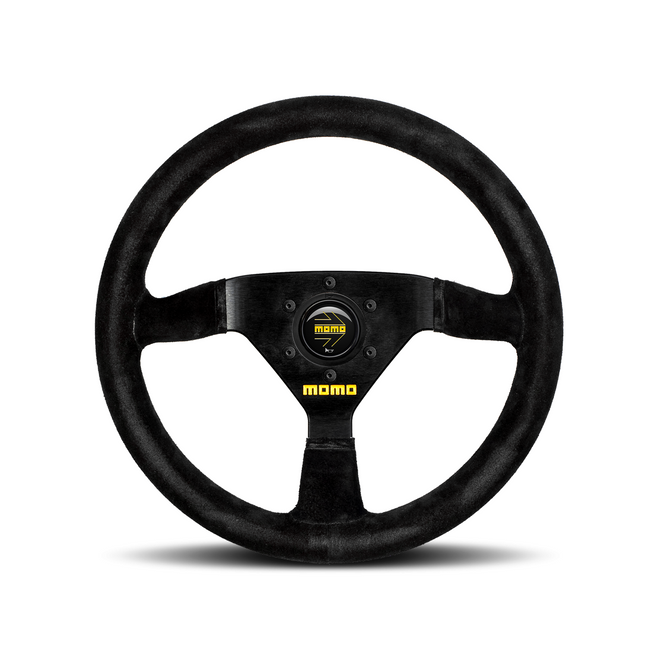 Momo - MOD. 69, 350mm Round Black Suede Grip Shape Racing Steering Wheels in Black Anodized Finish