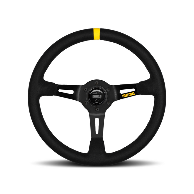 Momo - MOD. 08, 350mm Round Black Suede/Leather Grip Shape Racing Steering Wheels in Single Yellow Strip