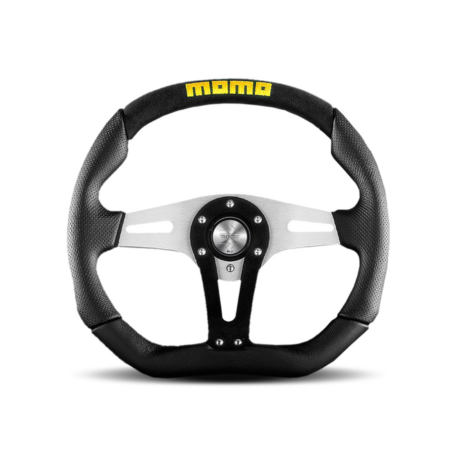 Momo - Trek 350mm Black Air-Leather Flat Top Bottom Grip Shape Street Steering Wheels in Black & Red Suede Stripe - Brushed Aluminum Spoke Finish