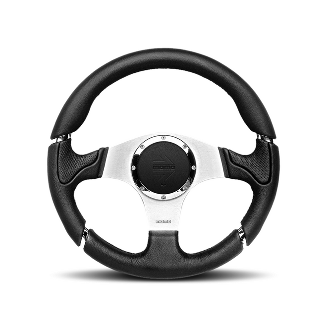 Momo - Millenium 350mm Round Black Air-Leather Grip Shape Street Steering Wheels in Aluminum Finish