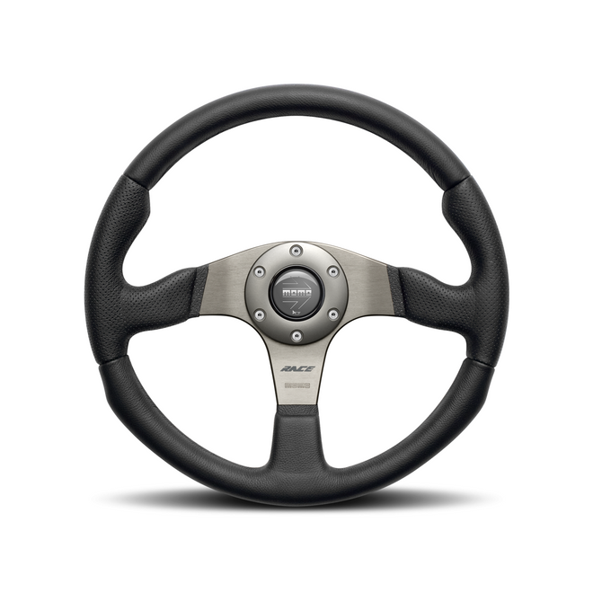 Momo - Race 350mm Round Black Leather Grip Shape Street Steering Wheels in Black Anodized Finish