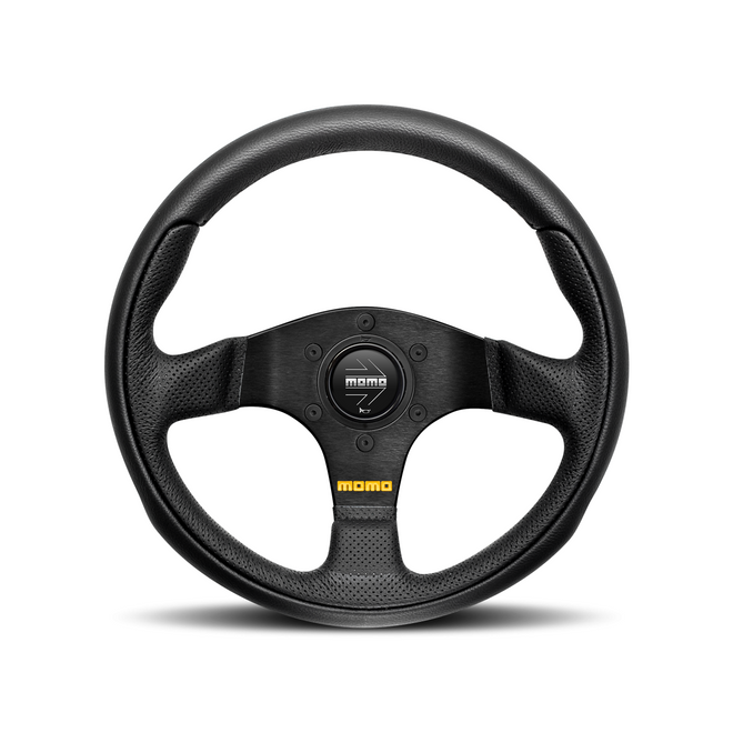 Momo - Team 280/300mm Round Black Leather Grip Shape Street Steering Wheels in Black Anodized Finish