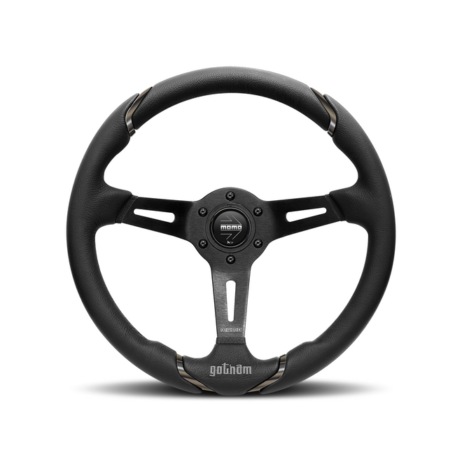 Momo - Gotham 350mm Round Black Leather Grip Shape Street Steering Wheels in Black Anodized Finish