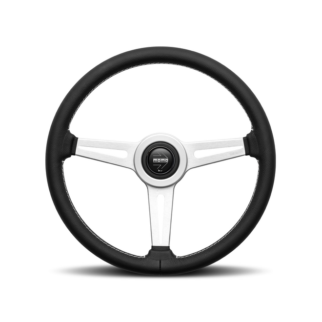 Momo - Retro 360mm Round Black Leather Grip Shape Street Steering Wheels in Aluminum Finish