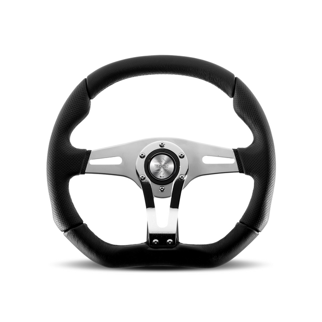 Momo - Trek R 350mm Flat Bottom & Top Black Air-Leather Grip Shape Street Steering Wheels in Aluminum Finish