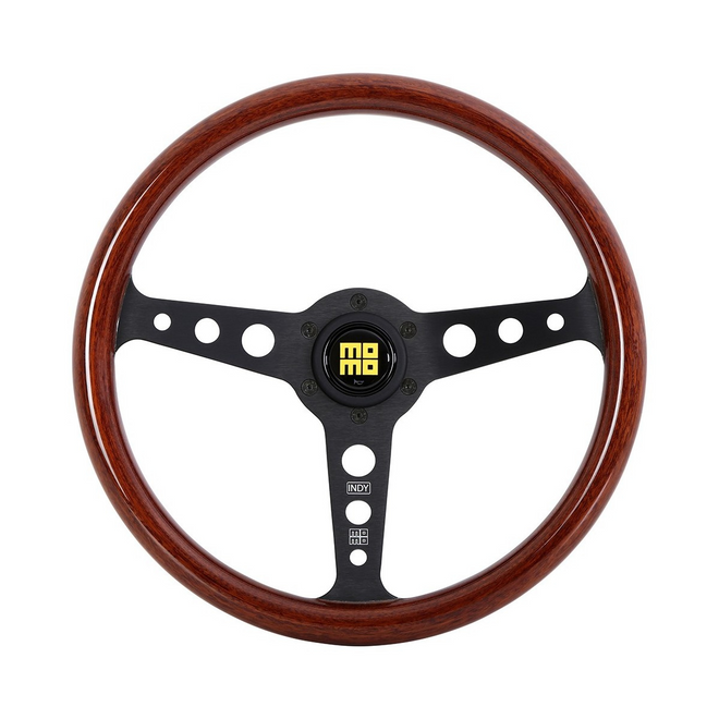 Momo - Indy Black 350mm Round Mahogany Wood Grip Shape Heritage Steering Wheels in Black Anodized Finish