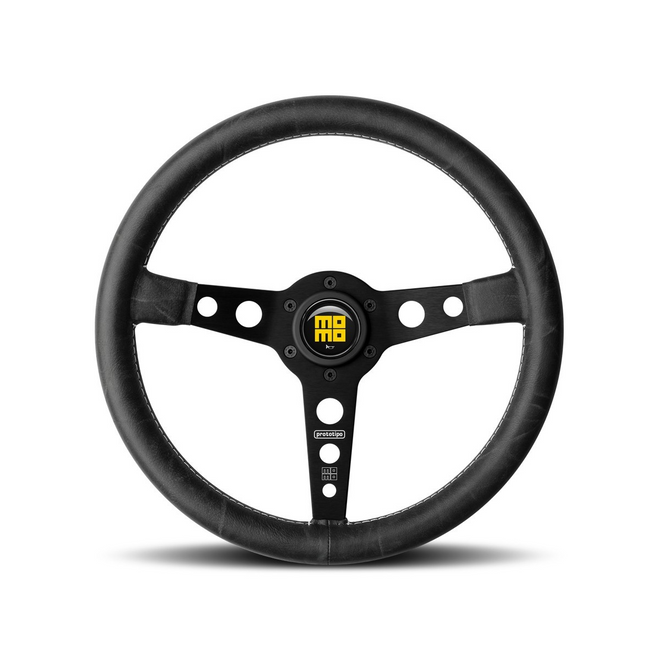 Momo - Prototipo 350mm Round Black Distressed Leather Grip Shape Heritage Steering Wheels in Black Anodized/Aluminum Finish