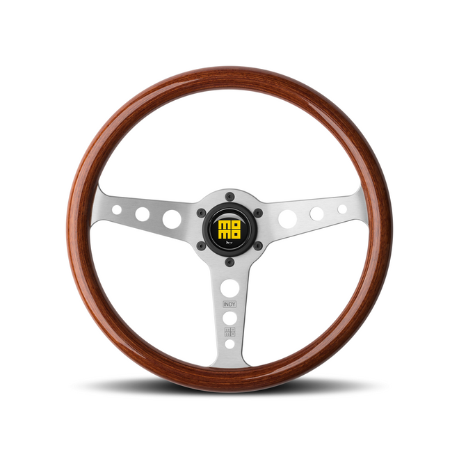 Momo - Indy 350mm Round Mahogany Wood Grip Shape Heritage Steering Wheels in Aluminum Finish