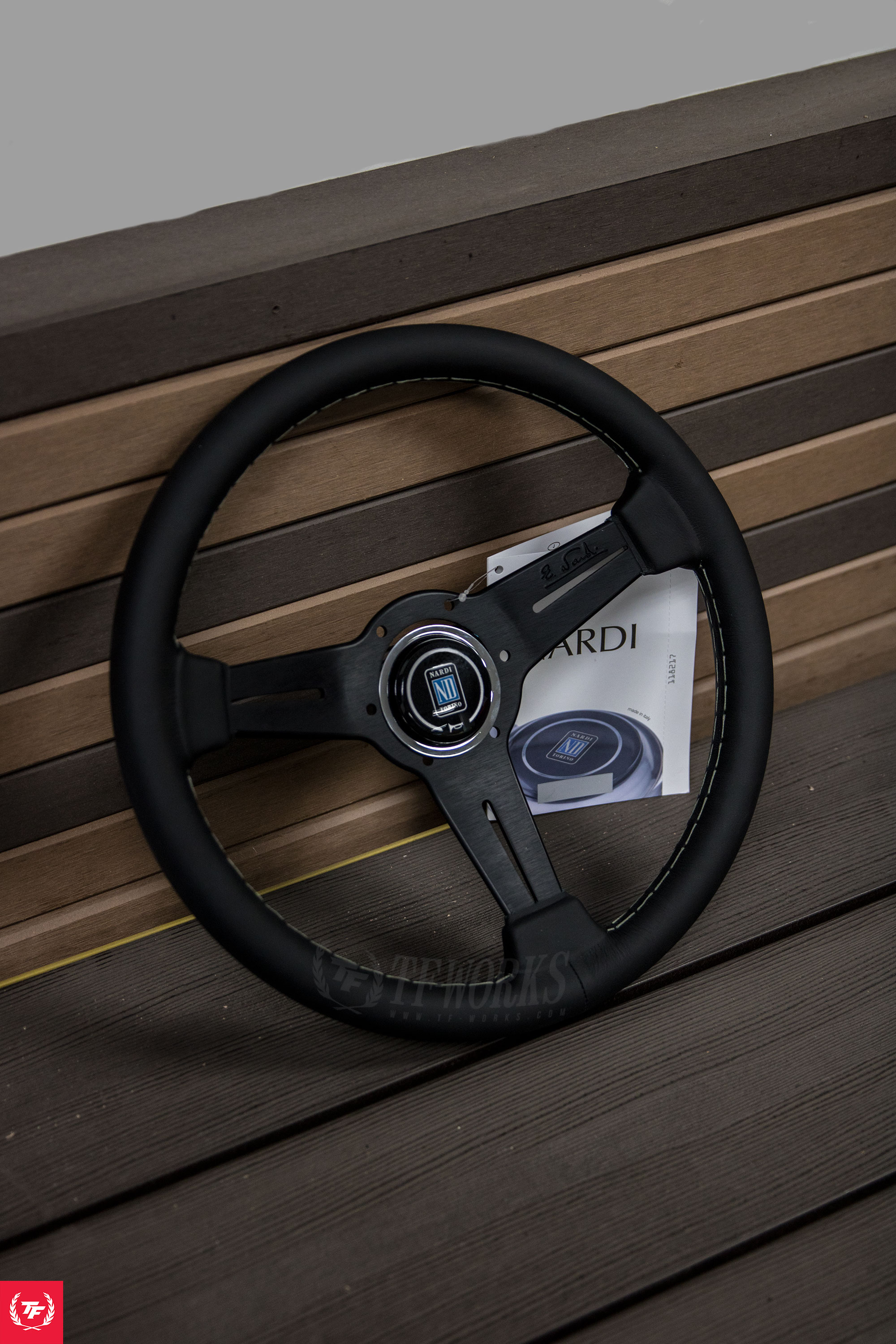 Nardi Classic Black Leather Black Spokes w/ Grey Stitch