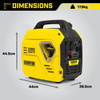 Champion 92001i Mighty Atom 2200 W tragbarer Benzin-Koffer-Wechselrichtergenerator – Diagramm mit Abmessungen und Gewichtsangaben