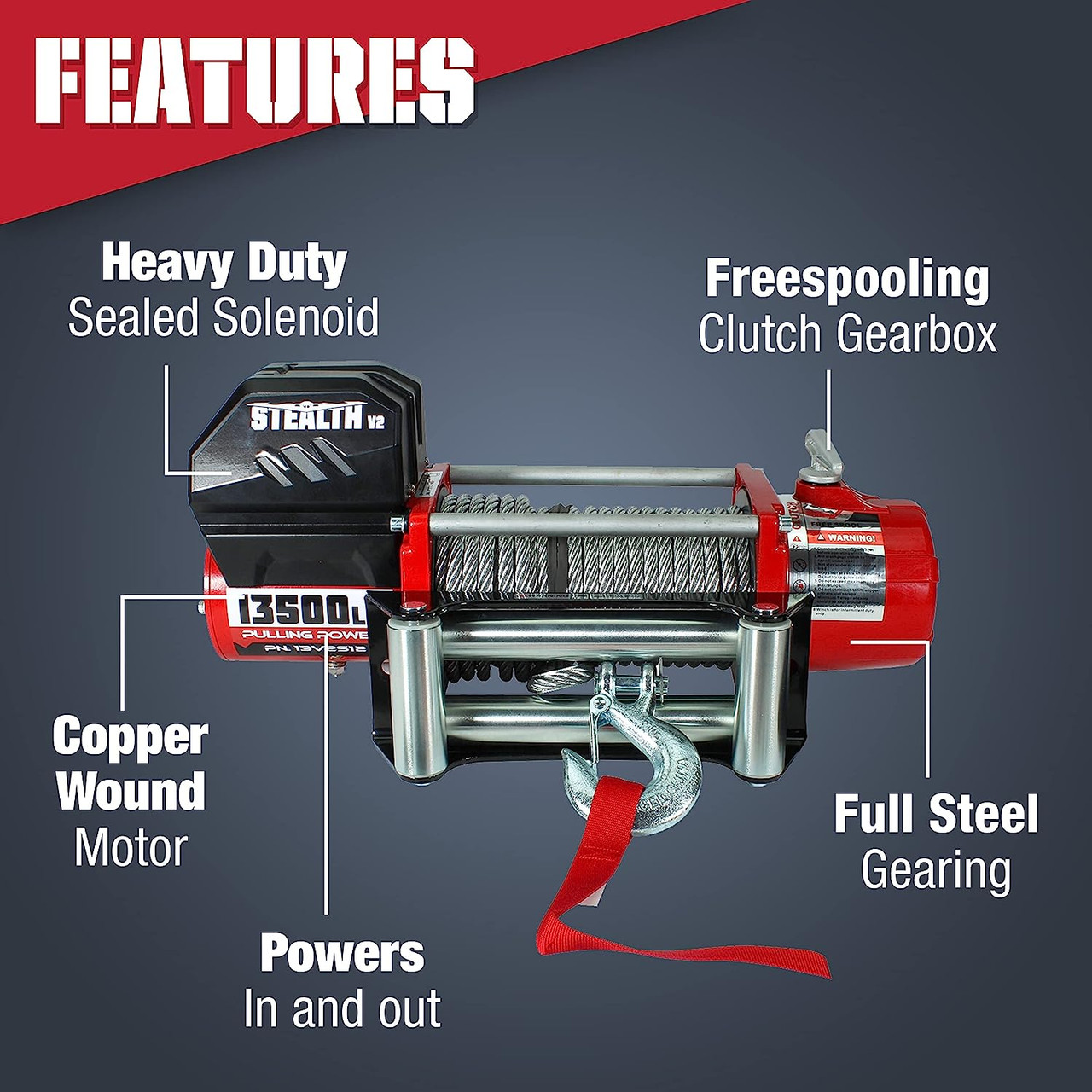 STEALTH  13500LB 12V WINCH WITH STEEL ROPE AND WIRELESS REMOTE