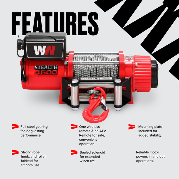 Treuil Stealth 4500lb 12v avec câble en acier et télécommande sans fil