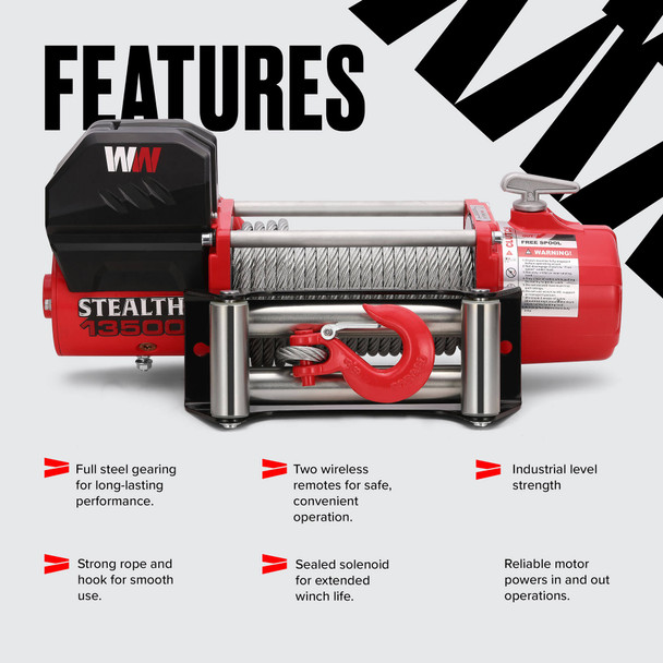 Guincho Stealth 13500 lb 24v com cabo de aço e controlo remoto sem fios
