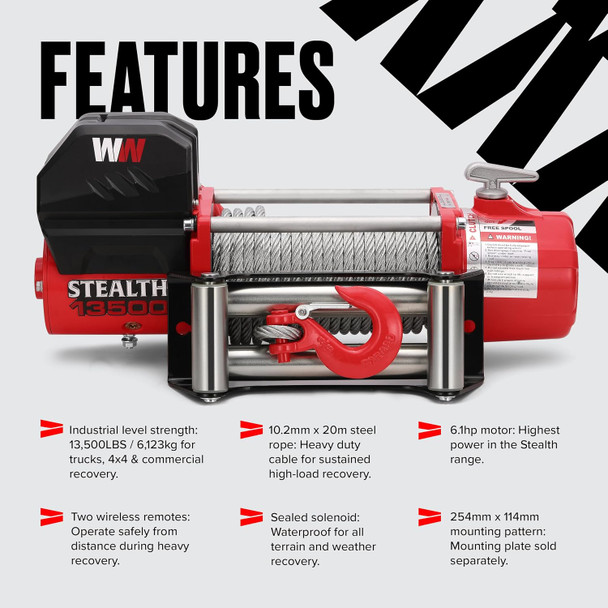 Guincho Stealth 13500 lb 24v com cabo de aço e controlo remoto sem fios