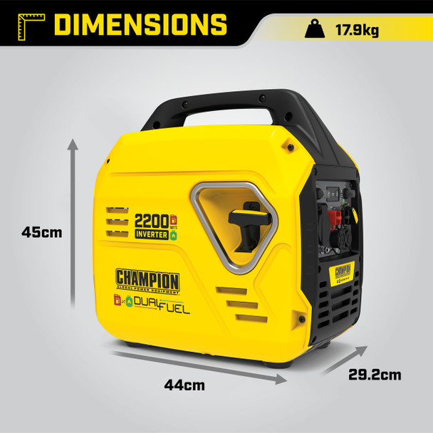 Champion 92001i-DF Mighty Atom 2200 W tragbarer Koffer-Wechselrichtergenerator mit Dual-Kraftstoffantrieb (Benzin/LPG) – Diagramm mit Abmessungen und Gewichtsangaben