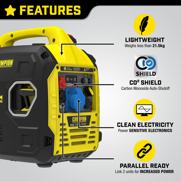 Générateur à onduleur portable à essence Champion 93001i Atom Fusion 3000 W – schéma des principales caractéristiques et avantages