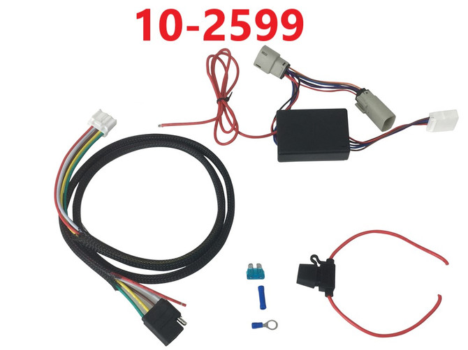 Plug-n-Play Wiring Harness for H-D Motorcycles with  a 15-amp blade fuse, and the electronic converter module with connected wiring