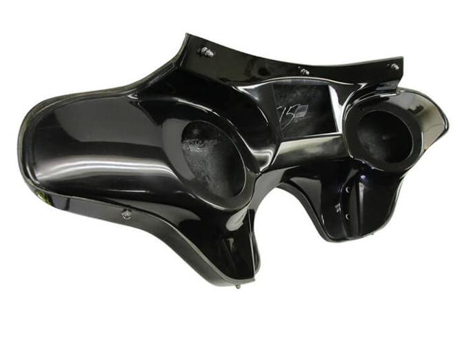Inner shell of a black Batwing Fairing with pre-molded speaker holes for 1993-2005 Harley Dyna Wide Glide motorcycles.