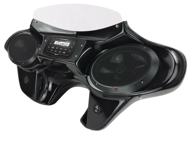 Harley Fat Boy Batwing Fairing with stereo side Angled view