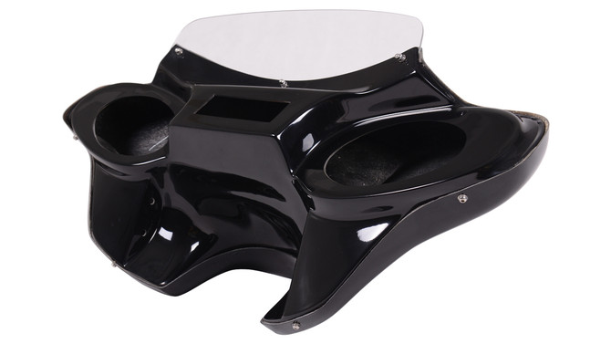 Heritage Classic Batwing Fairing for Harley Motorcycle,  speaker, untinted, angled view