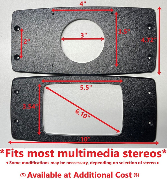Set of five black media plates with different slot and hole configurations for versatile mounting options, displayed on a white background.