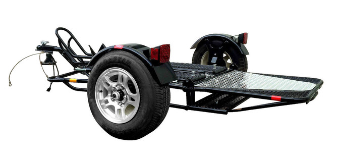 Alpha Sport Stand-Up Motorcycle Trailer with full-length ramp and mesh platform for easy loading.