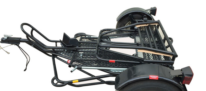 Alpha Sport Stand-Up Motorcycle Trailer with extended ramp and mesh deck for secure motorcycle transport.
