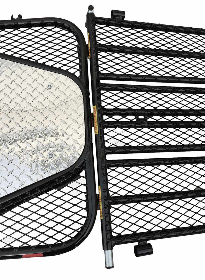 Alpha Sport Stand-Up Motorcycle Trailer with steel frame and ramp for easy transport and storage.