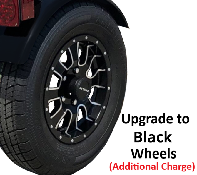 Close-up of black alloy wheel on Alpha Sport trailer, showing sleek, durable design.