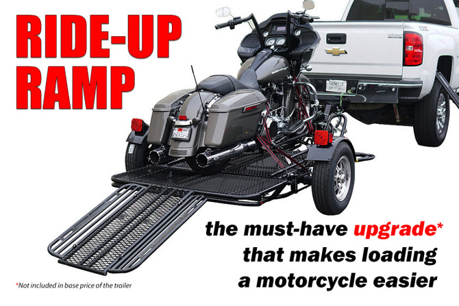 Optional ride-up ramp for Freestyle dirt bike trailer with fold-out foot rails for easier loading.