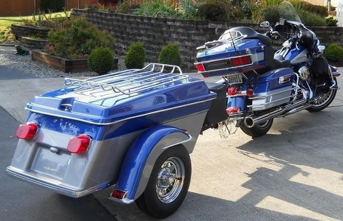 Blue  Legend Pull Behind Trailer Hauled by Motorcycle