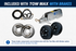 Tow Max with Brakes package showing hydraulic brake components, actuator, hoses, brake assemblies, and wheel hubs.