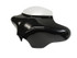 Front Right angled exterior view of a glossy black Batwing Fairing for 1993-2005 Harley Dyna Wide Glide, featuring a clear curved windshield attached to the top.