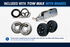 Tow Max with Brakes package showing hydraulic brake components, actuator, hoses, brake assemblies, and wheel hubs.