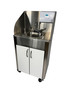 Full view of the Pinnacle Handwashing Station with the Splash Guard upgrade, featuring white cabinet doors and locking caster wheels