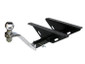Three-quarter view of a black powder-coated Harley Trike Trailer Hitch with a chrome hitch ball and mount attached