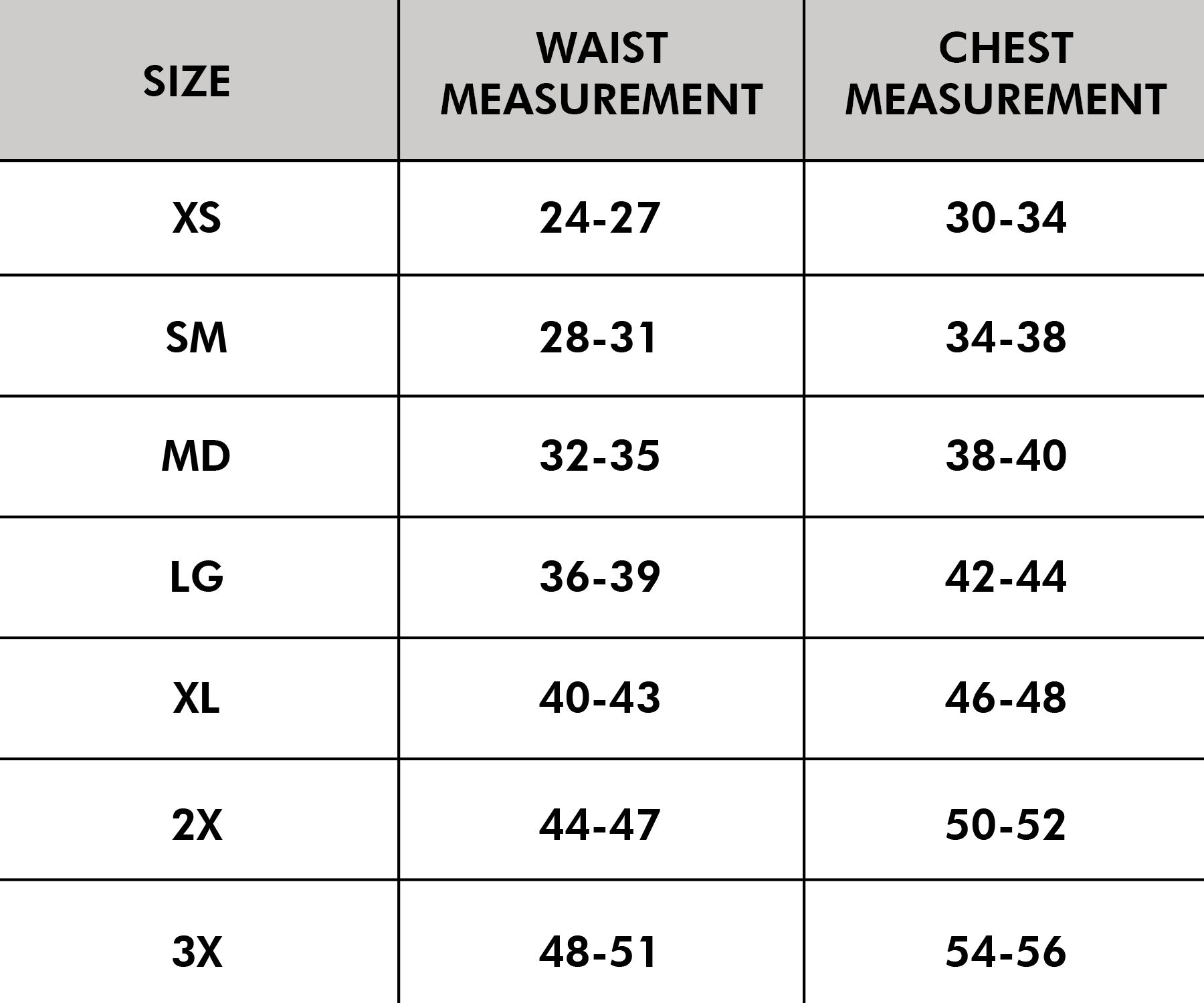 Size Chart Updated