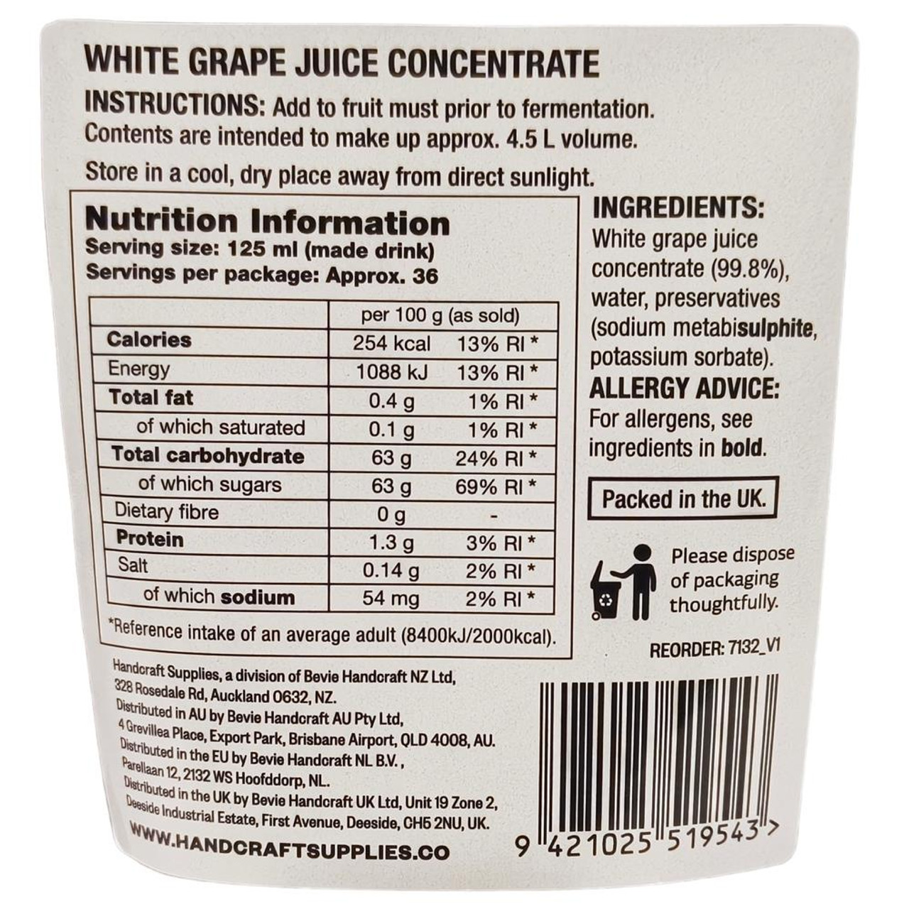 White Grape Juice Concentrate 250ml Handcraft Supplies for wine making BBE 07/2024