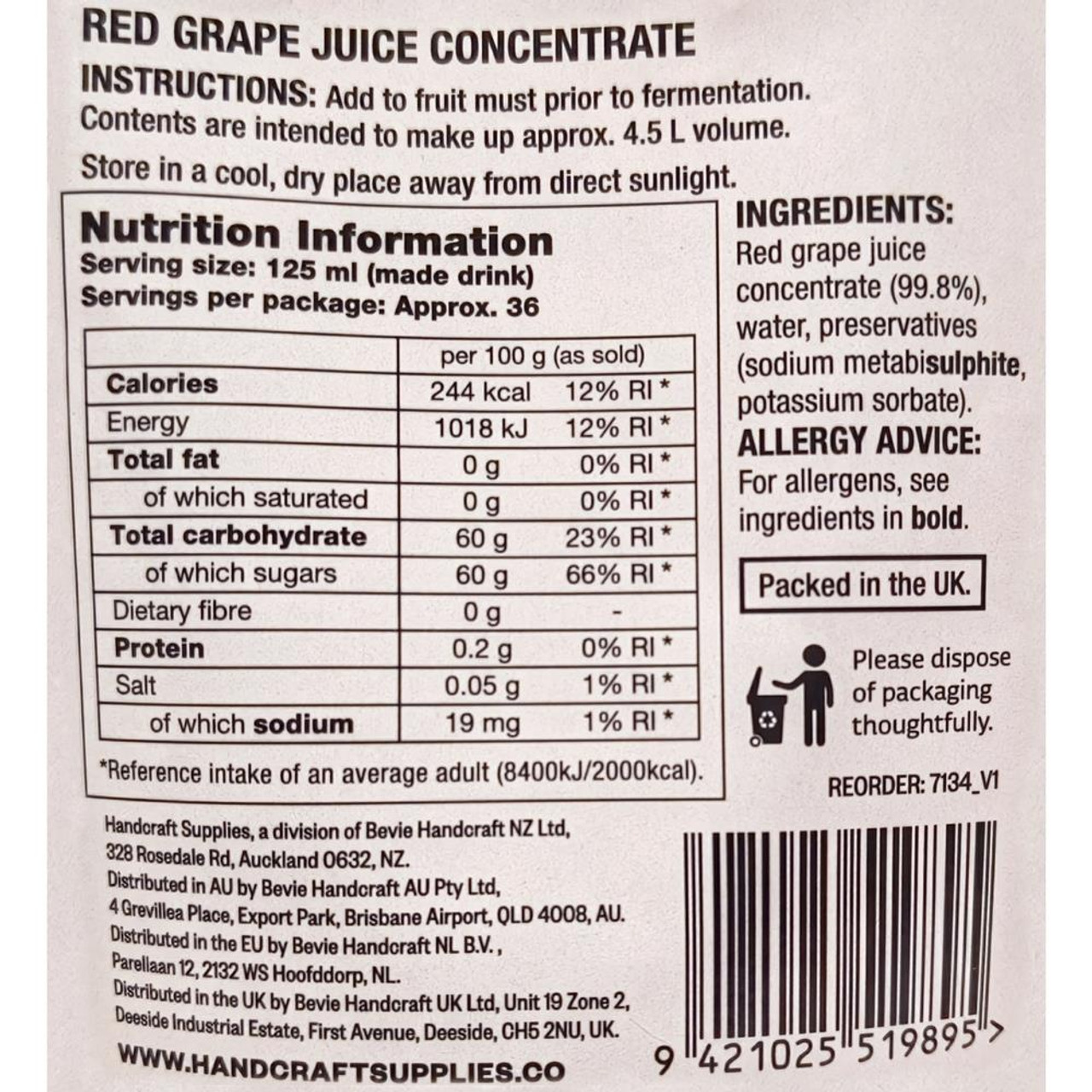 Red Grape Juice Concentrate 250ml Handcraft Supplies for wine making BBE 07/2024