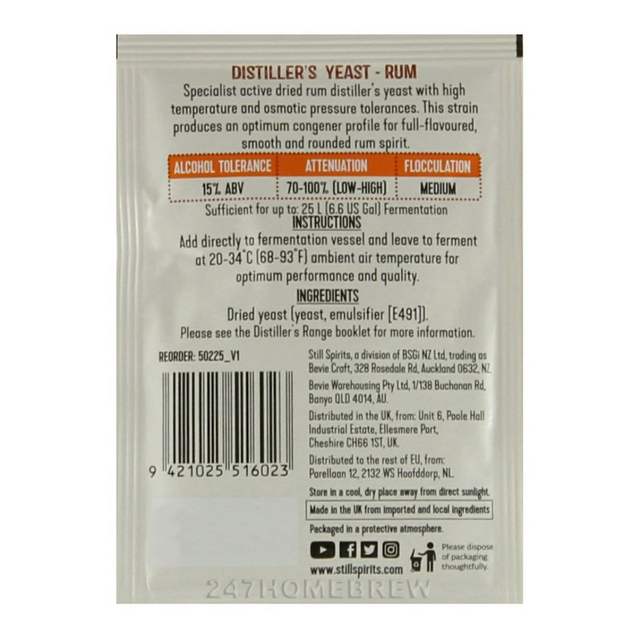 Still Spirits Distillers Rum Yeast 20g for 25L 15% ABV BBE 11/2024
