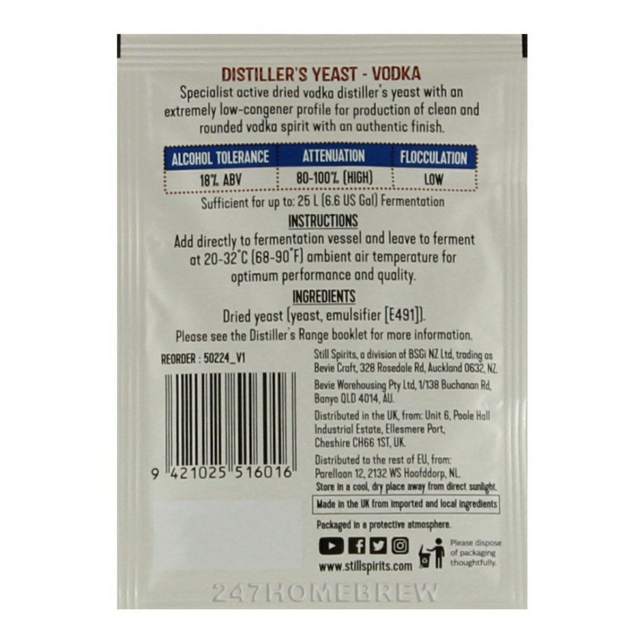 Still Spirits Distillers Vodka Yeast 20g for 25L 18% ABV